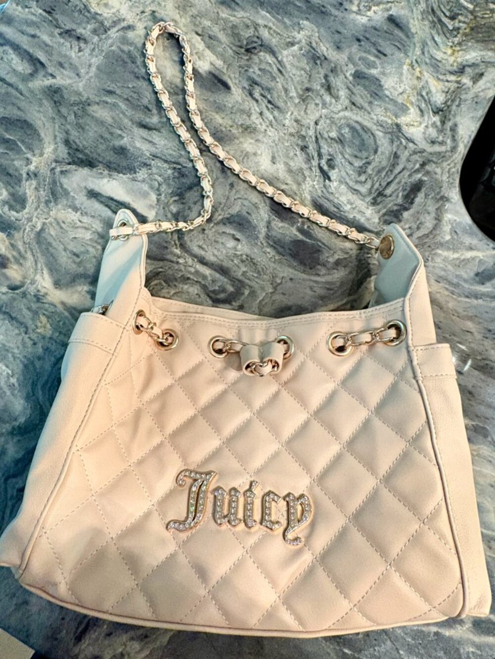 Juicy Couture Quilted Cream Shoulder Tote with Gold Chain